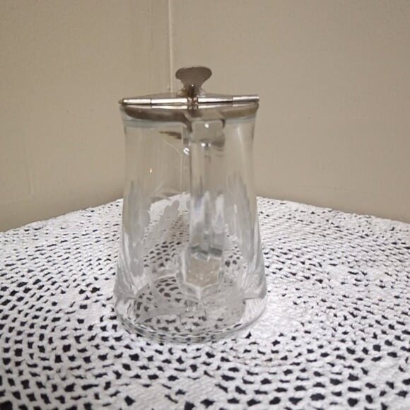 Vintage Cut Crystal Floral Glass Syrup Pourer Dispenser w/Silver Flip Top - Picture 4 of 6